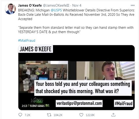 James O'Keefe speaks with USPS whistleblower about back dated ballots