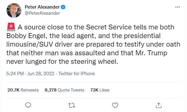 Secret Service Agents are ready to deny Hutchinson charges as reported by Peter Alexander, NBC’s Chief White House Correspondent